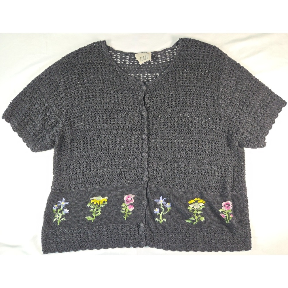 Teddi Crochet Cardigan Womens Sz L Black Floral Cross Stitch Short Sleeve Vtg